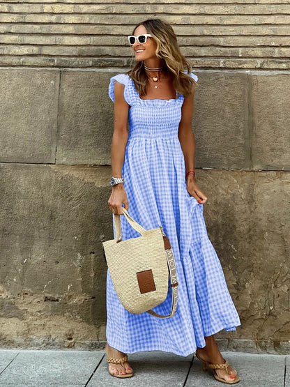 Patchwork Plaid Halter Elasticated Maxi Dress