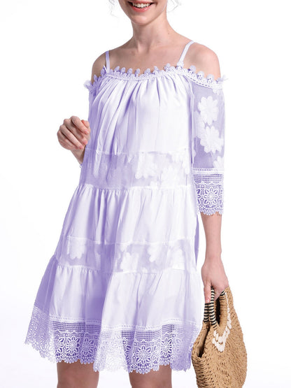 Lace Trim Hollow Out Splicing Spaghetti Strap Off-shoulder Mini&Short Dresses