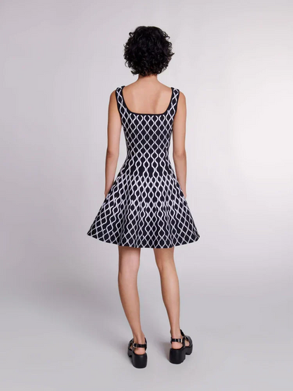 Square Neck Sleeveless Abstract Wave Print Fit and Flare Knit Mini Dress