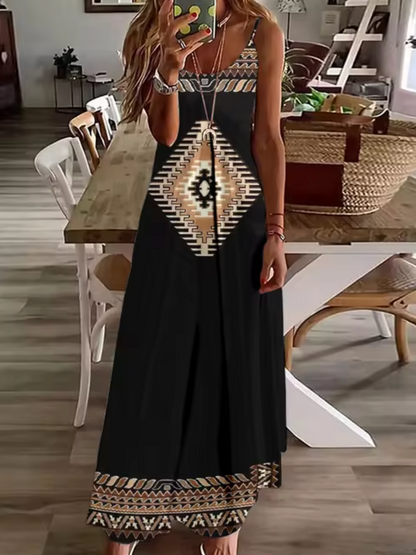 Deep V-Neck Turtle Dreamcatcher Feather Print Spaghetti Strap Maxi Dress