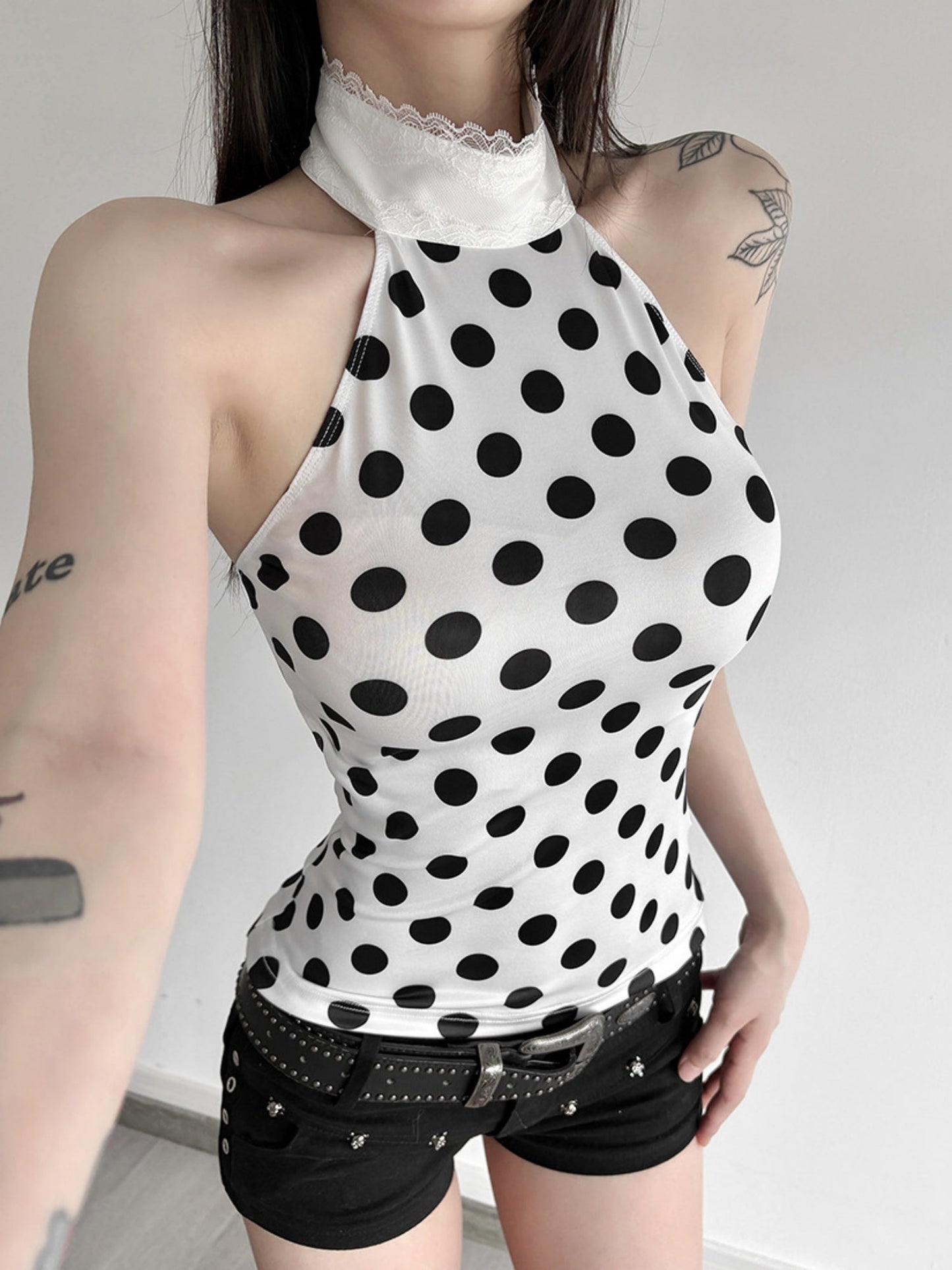 Polka Dots Halter Neck Waist Shaping Lace Patchwork Trim Tank Tops&Camis