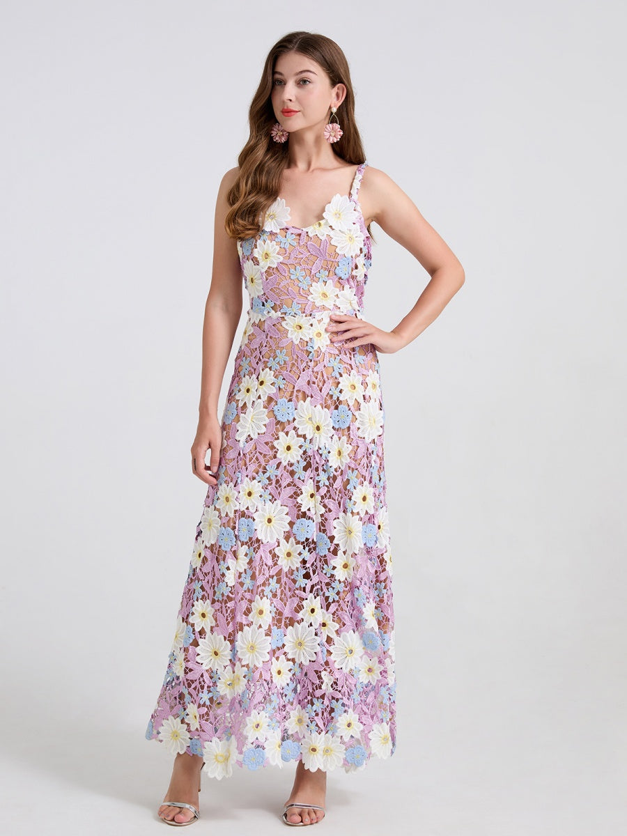 Lace Embroidery Spaghetti Strap Long Dress