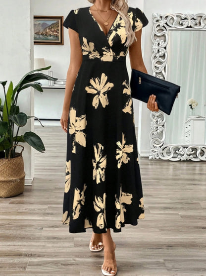 V-neck Ruffle Printed Vacation And Leisure Maxi Dresses