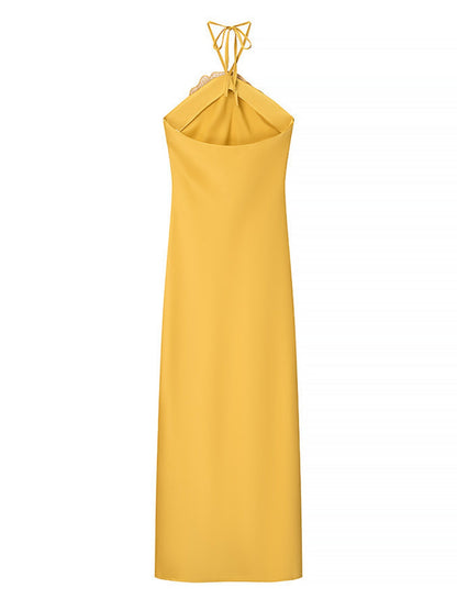 Rhinestone 3D Flower Halter Neck And Backless Satin Maxi Dresses