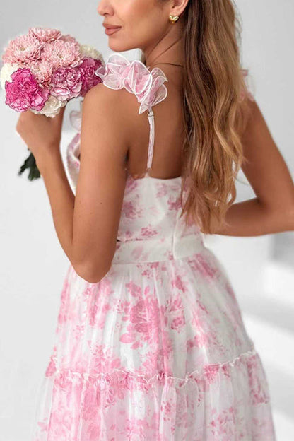 V Neck Sleeveless Cut Out Waist Floral Print Ruffle Maxi Dress