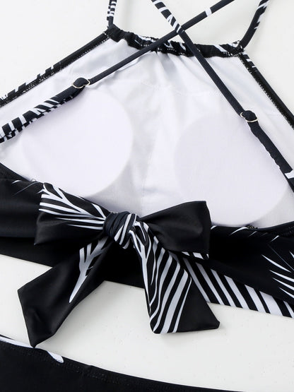 Feather Print Two-Piece Swimsuit With Sun Protection And Skirt (Three-Piece Set)