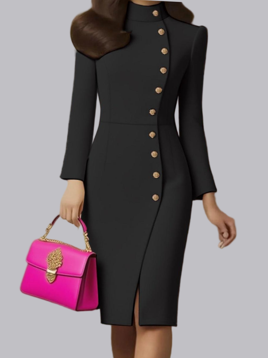 Long Sleeve Stand Collar Slim Fit Metal Single-breasted Buckle With Vents Midi Dresses
