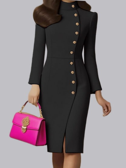 Long Sleeve Stand Collar Slim Fit Metal Single-breasted Buckle With Vents Midi Dresses