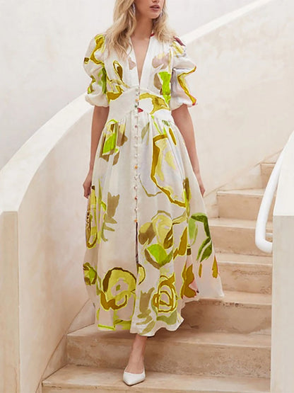 Printed Buttons Shirt Dress Vacation Maxi Dresses
