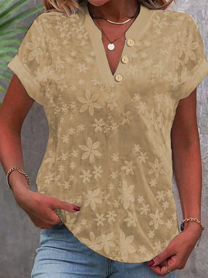 Flower Embroidery V-neck Short Sleeve T-shirts