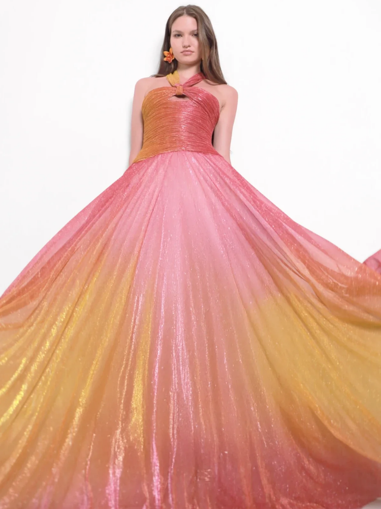 Metallic Plisse Halter Keyhole Ruched Bodice Maxi Gown