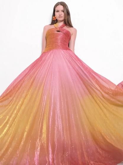 Metallic Plisse Halter Keyhole Ruched Bodice Maxi Gown