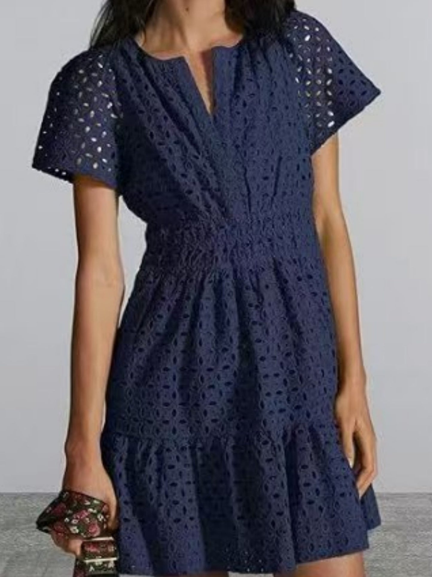 Lace Cutout V-neck Short Sleeve A-line Short Dress