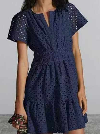 Lace Cutout V-neck Short Sleeve A-line Short Dress