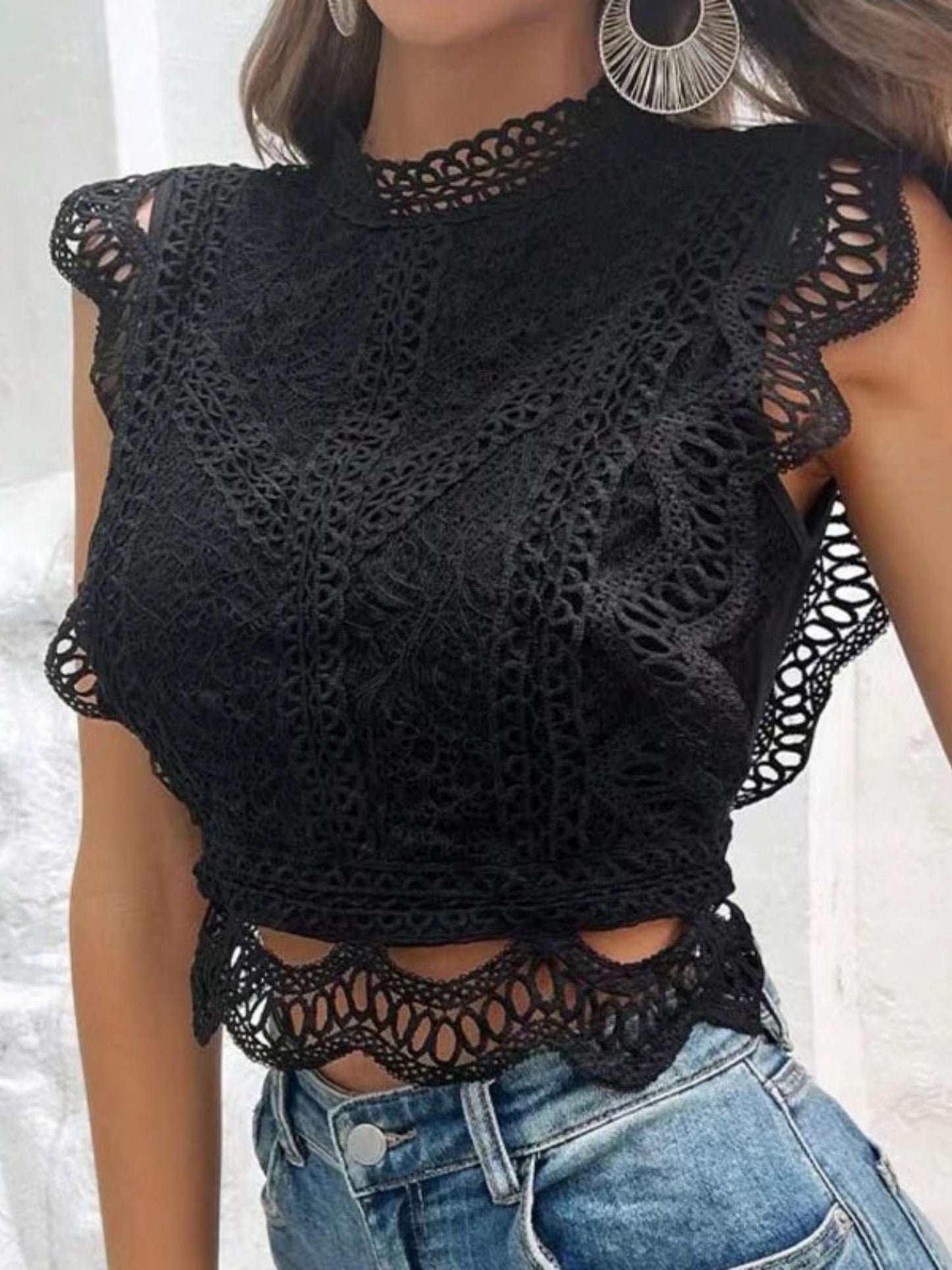Lace Trim Hollow Out Splicing Flying Sleeves Tank Tops