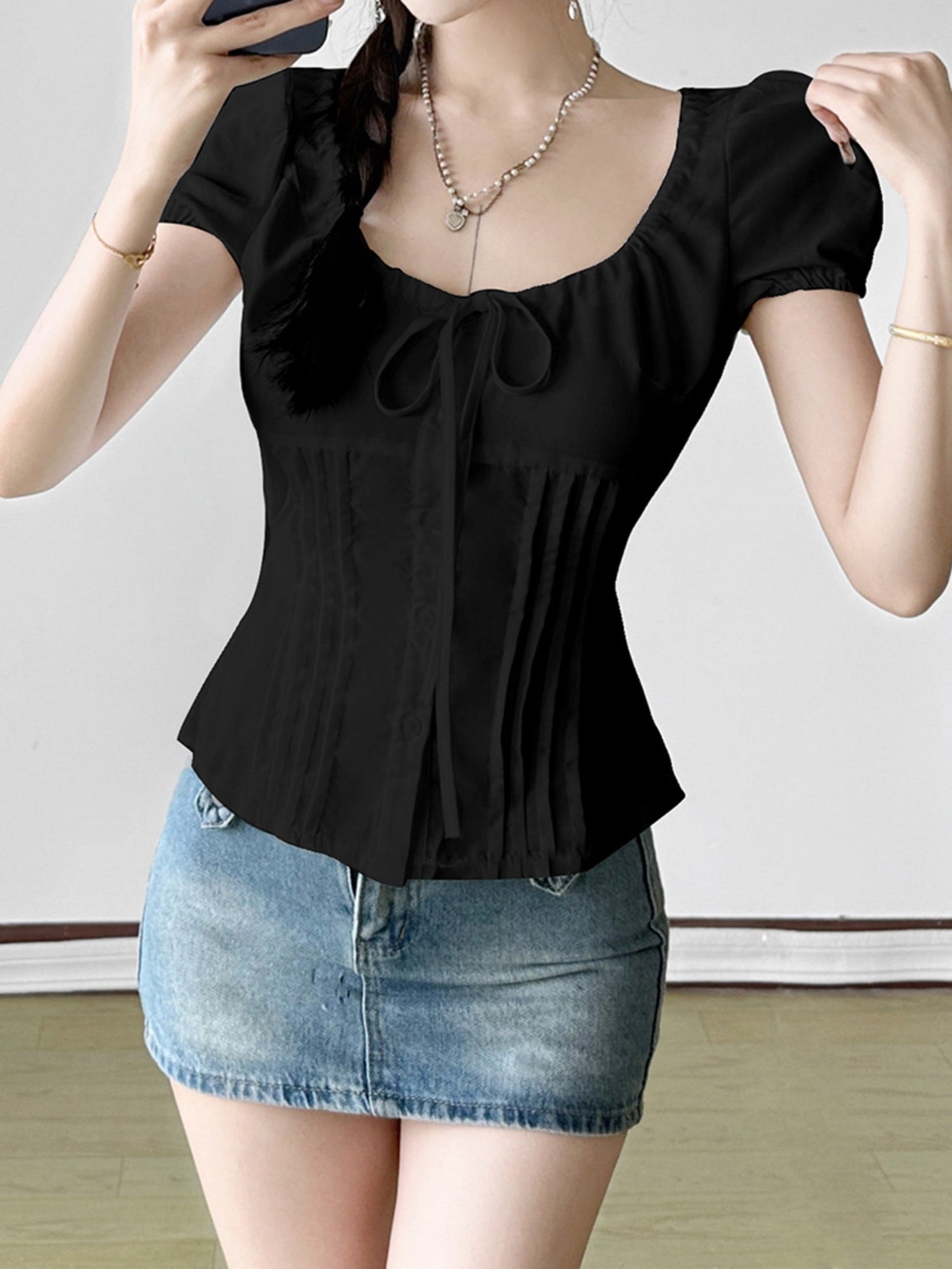 Bow Tie Puff Sleeve Waist Shaping T-shirts