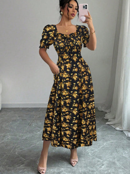 Floral Short Sleeve Square Collar Ruffle Vacation And Leisure Maxi Dresses