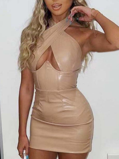 PU Leather Halter Neck Bra Hollow Out Party Mini&Short Dresses