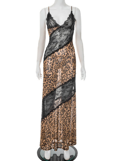 Leopard Print Lace Patchwork Deep V Halter Top Fish Tail Maxi Dresses