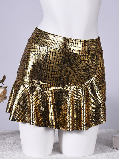 PU Leather Crocodile Pattern Stretch Short Skirt