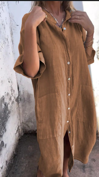 Mid-length Sleeve Cotton Linen Buttons Solid Color Midi Dresses