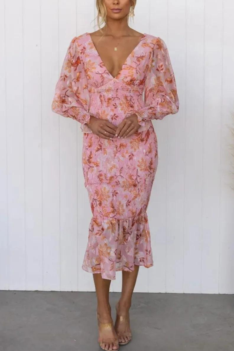 Floral Print Deep V-Neck Balloon Sleeve Smocked Trumpet Hem Midi Dress