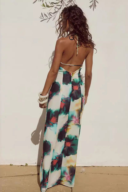 Abstract Floral Print Cowl Neck Thin Strap Bodycon Midi Dress
