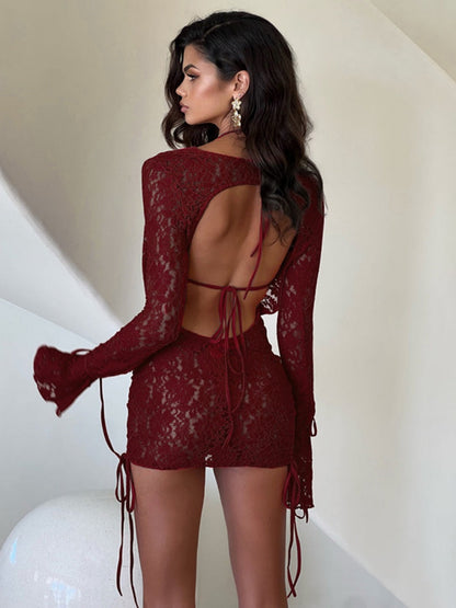 Bandage Lace Bra Draped Collar Dress Set 2-piece Sets
