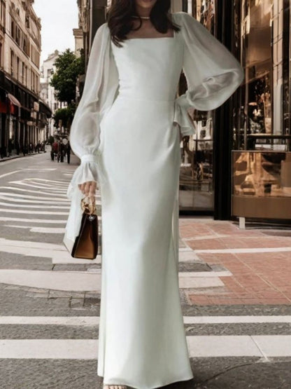 Square Collar Splicing Mesh Formal Dress Maxi Dresses