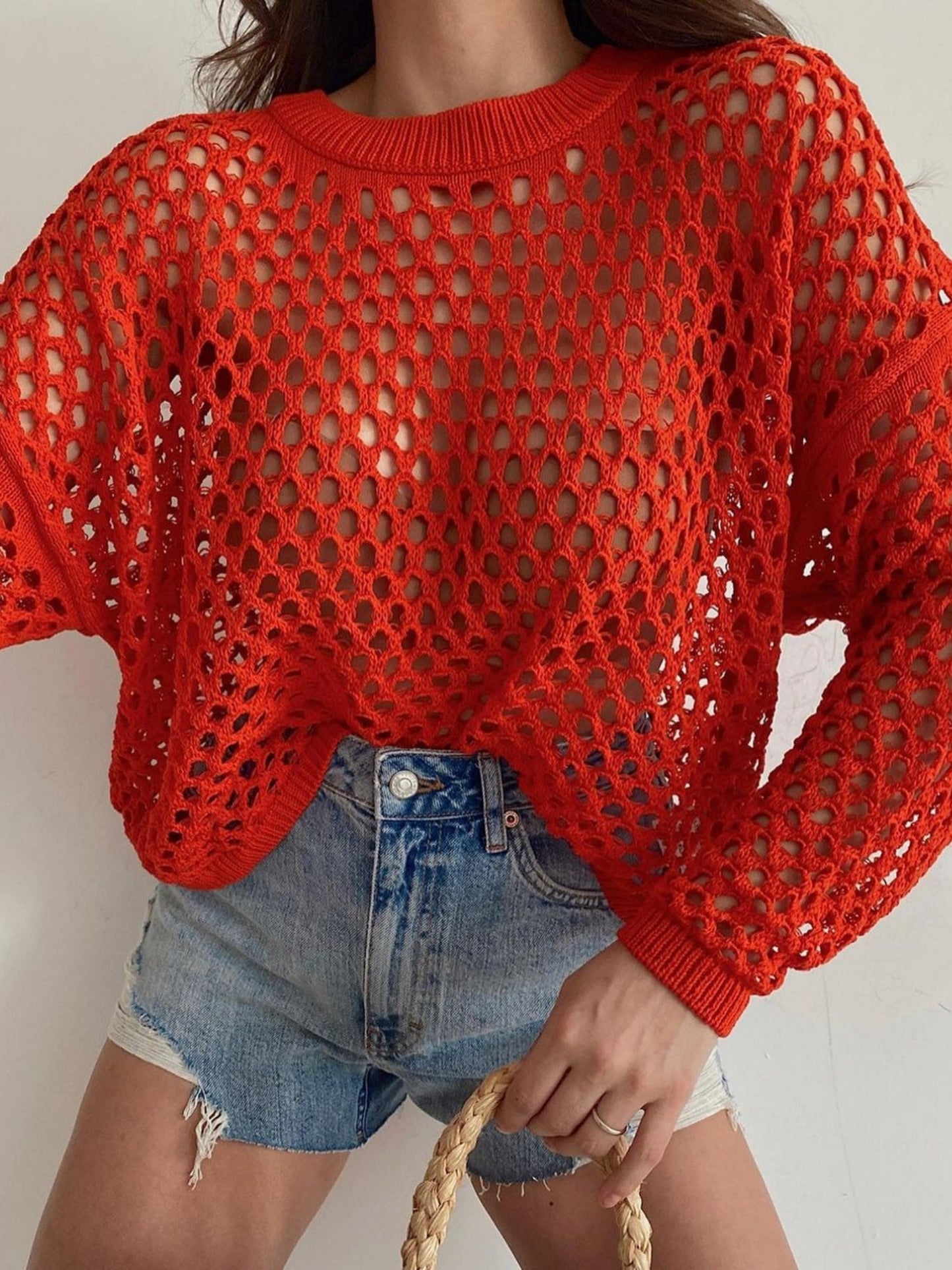Hollow Out Round Neck With Bell Sleeves Knitted Cover-up
