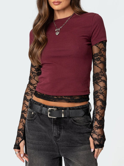 Lace Patchwork Layered-look Long-sleeved Crew Neck T-shirts