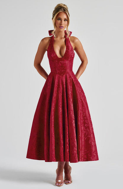 Halter Neck Satin Midi Dress | A-Line Silhouette