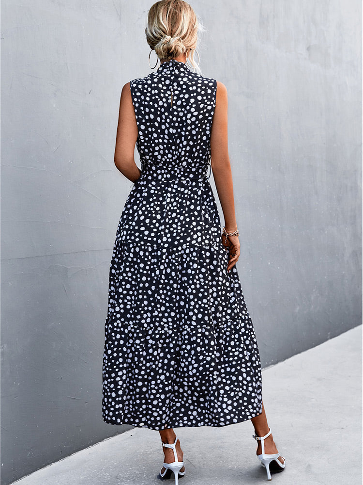 Mock Neck Tie Belt Tiered Polka Dot Sleeveless Midi Dress