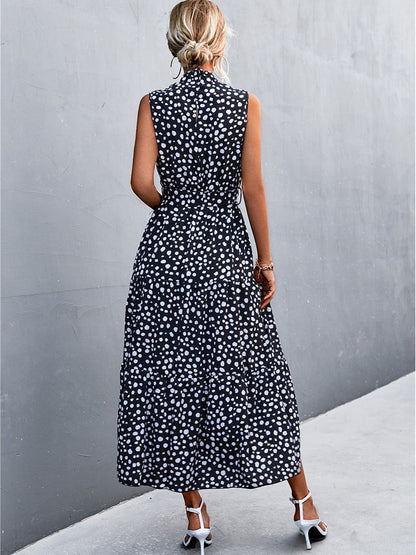 Mock Neck Tie Belt Tiered Polka Dot Sleeveless Midi Dress