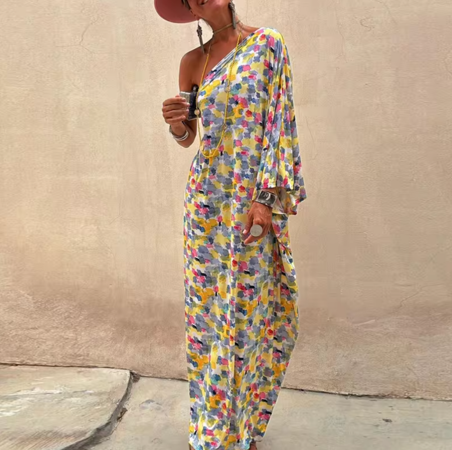 Abstract Painterly Print One-Shoulder Batwing Sleeve Oversized Maxi Dress