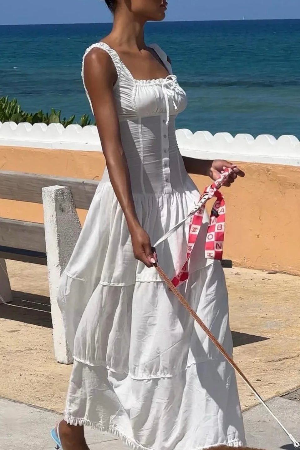 Square Neck Bow Tie Smocked Button Front Tiered Ruffle Maxi Dress