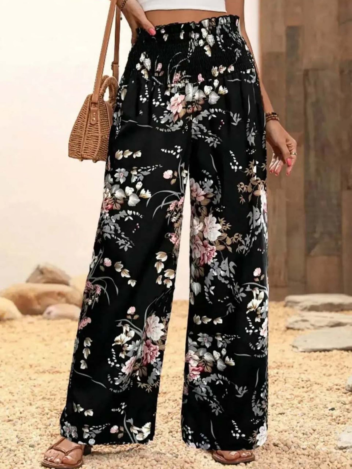 Printed Elastic Waistband High-waisted Loose-fit Pants