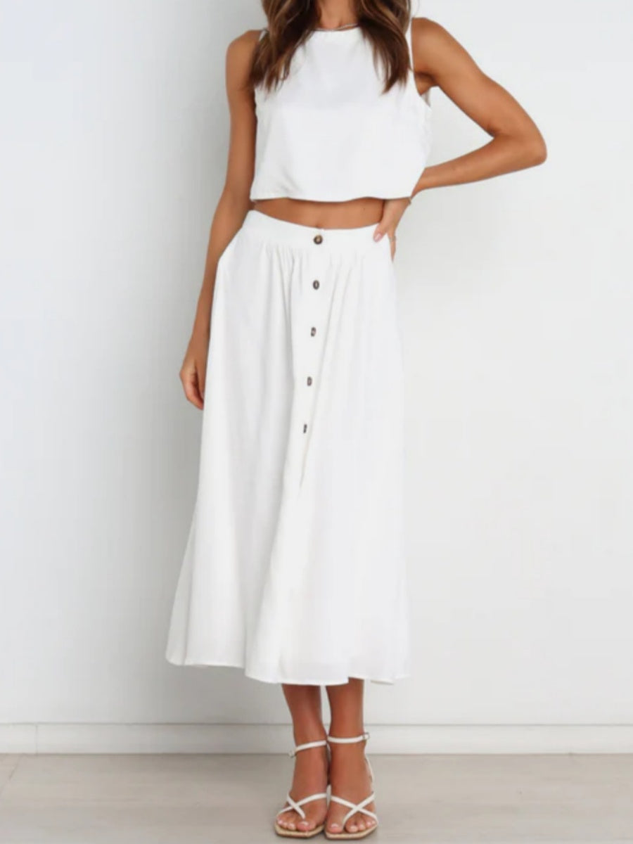 Solid Color Tank Tops Button-down Skirt Set 2-piece Sets