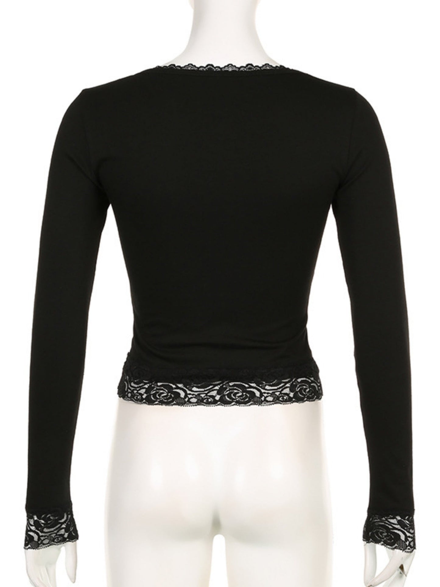 Lace Trim U-neck Long Sleeve Slimming Crop Top