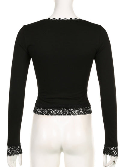 Lace Trim U-neck Long Sleeve Slimming Crop Top