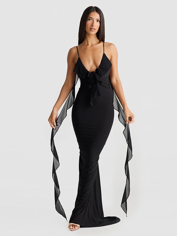 V-neck, Backless, Fitted, Fishtail Maxi Dress