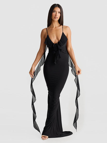 V-neck, Backless, Fitted, Fishtail Maxi Dress