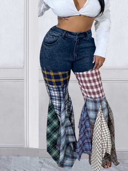 Houndstooth Pattern Flared Pants Ruffle Jeans
