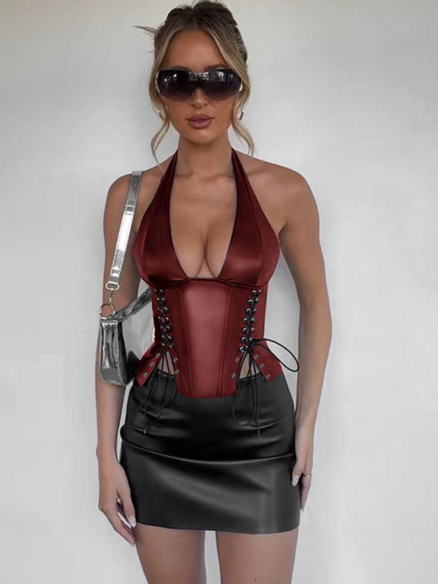 PU Leather Neck Strap Tight Waist Corset Tank Tops&Camis