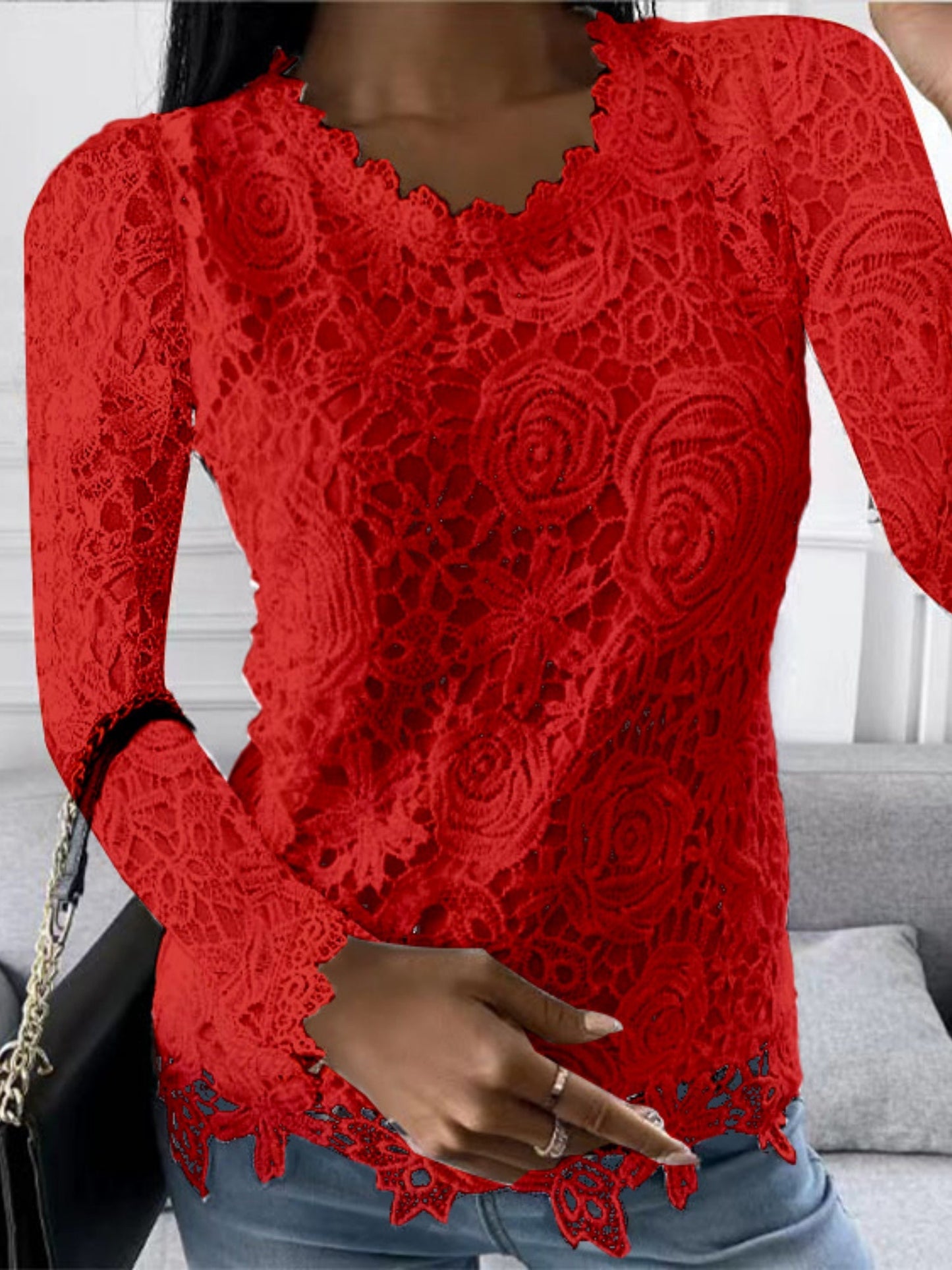 Lace Trim Crew Neck Long-sleeved T-shirt