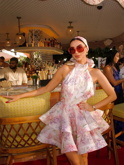 Halter-neck, Backless, Floral Print Short Dress