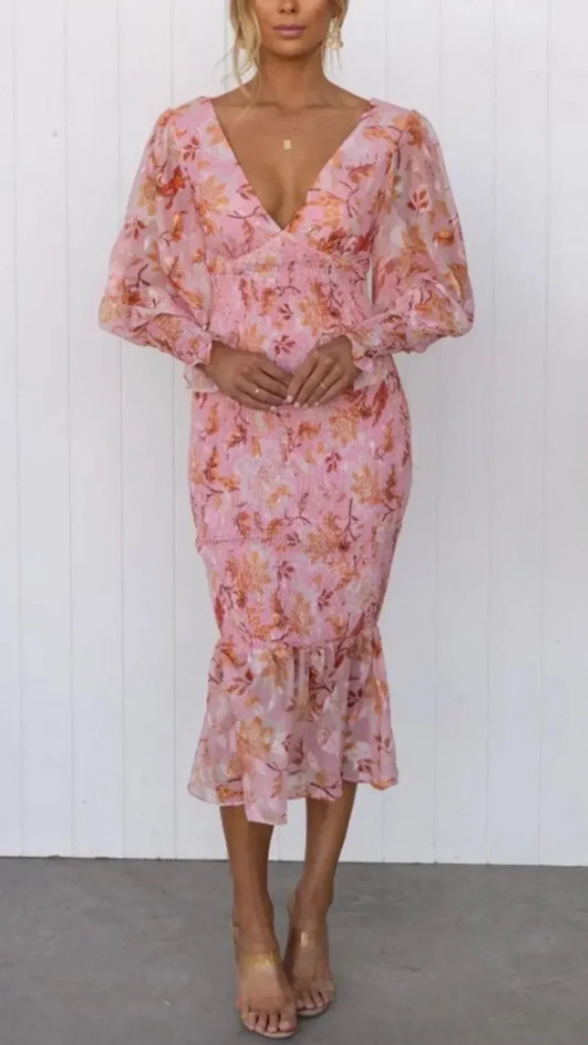 Floral Print Plunge V-Neck Balloon Sleeve Smocked Flounce Hem Midi Dress