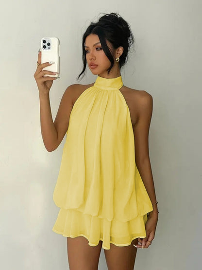 Neck Strap Backless Ruffle Mini&Short Dresses