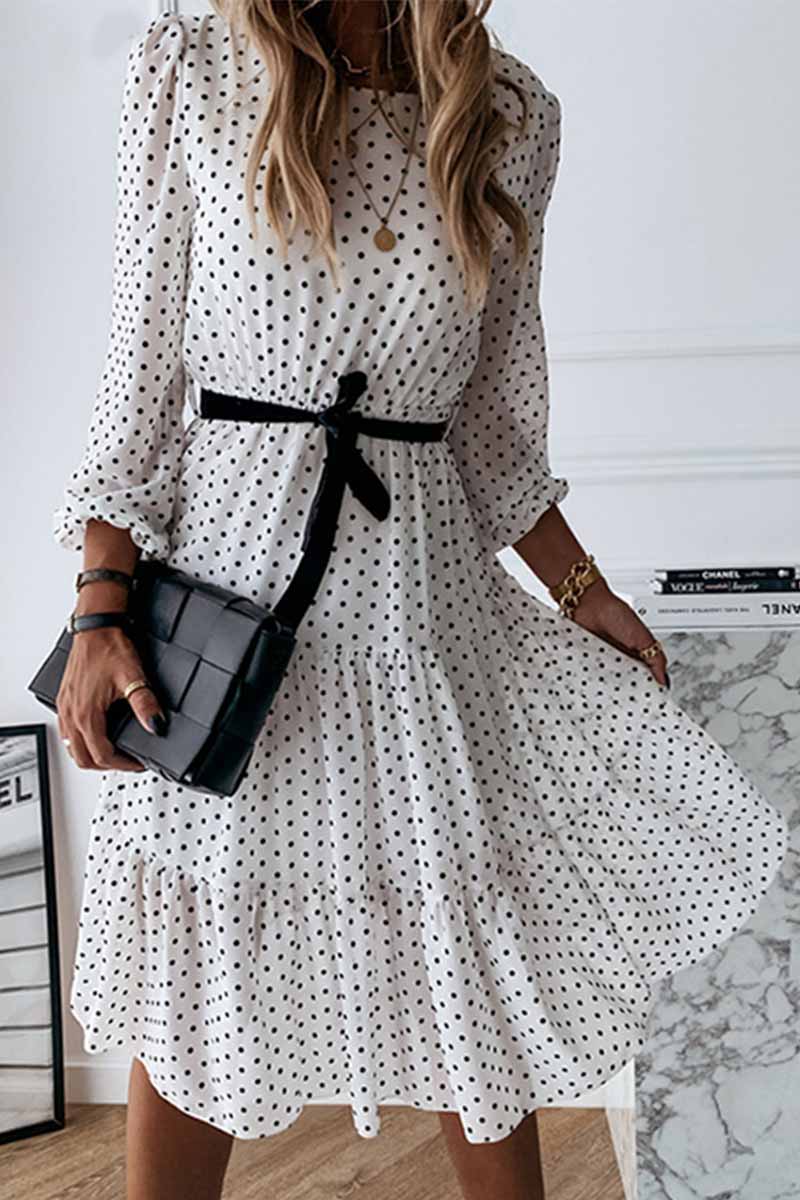 Polka Dot Round Neck Puff Sleeve Tie Belt Tiered Midi Dress