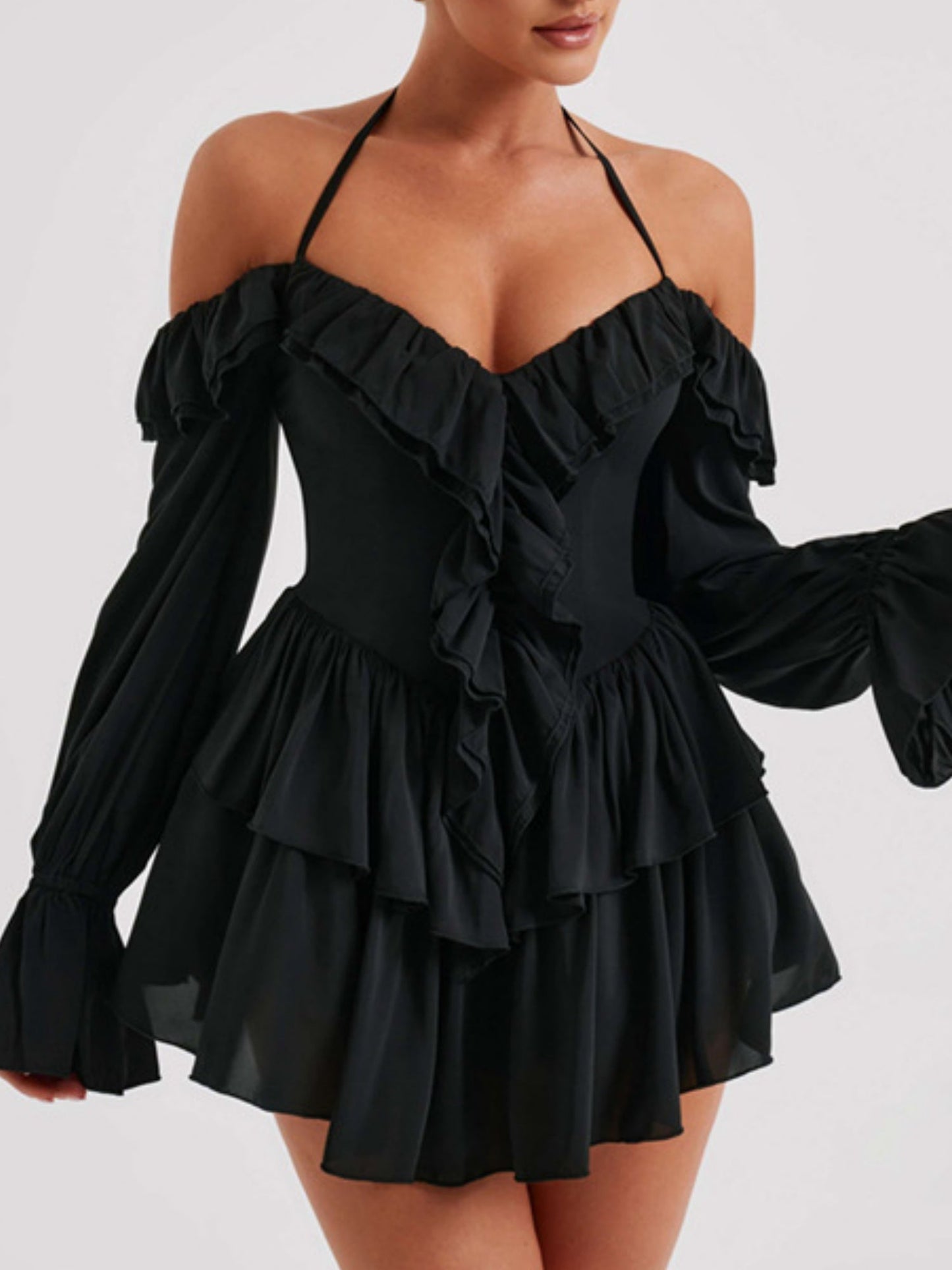 Ruffle Halter Neck Low-cut  Flare Sleeve Sweet Mini&Short Dresses